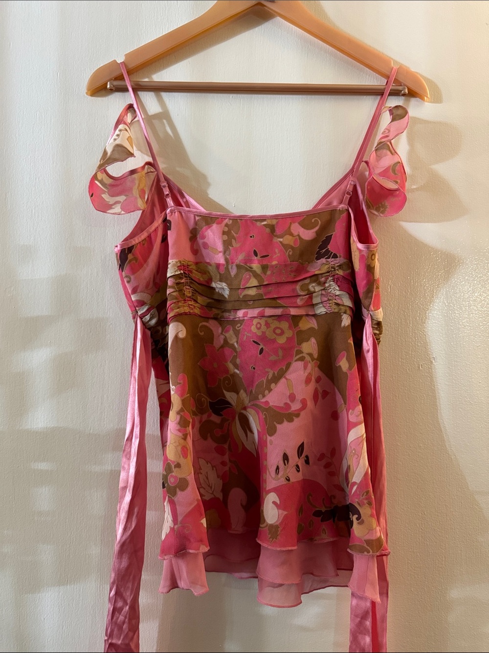 Rare Y2K vintage Bebe Pink Floral Silk Camisole floral tie back fairy Top small - Picture 6 of 6